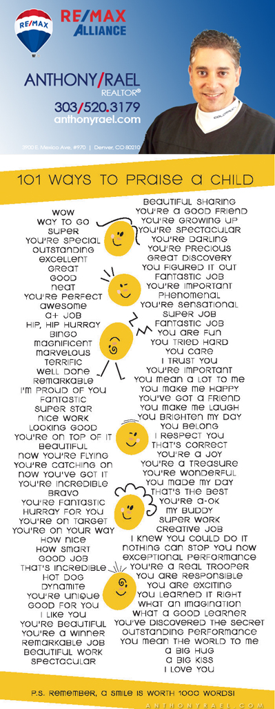 101 Ways To Praise A Child : FREE Magnet Compliments of Denver REMAX Agent Anthony Rael