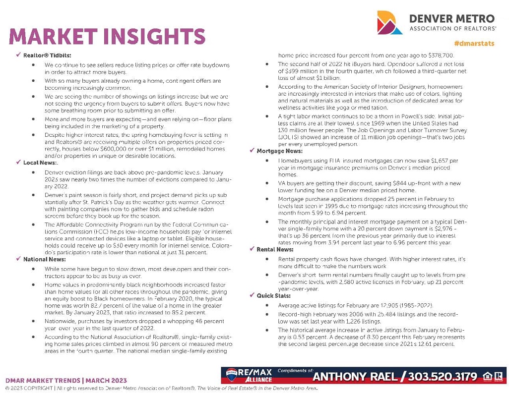 March 2023 Denver Real Estate Market Snapshot - Year-over-Year Look at Denver Colorado Home Values & Home Prices : Denver CO REMAX Agent Anthony Rael